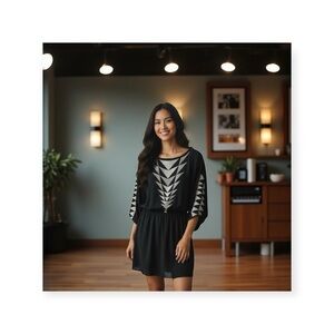 Parker 𖤹 Silk Batwing Mini Dress with Tribal Inspired Embroidery 𖤹 Black XS